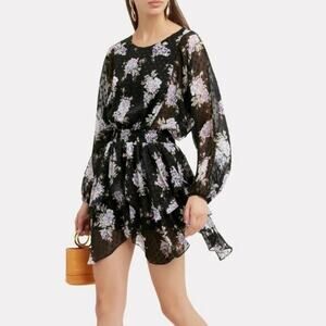 LoveShackFancy Kaia Mini Dress Black Purple Floral Silk Blend Women’s S